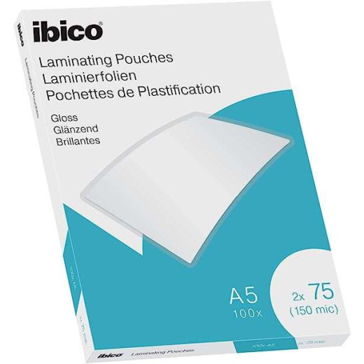 Ibico Caja de 100 Laminas para Plastificar Gloss A5 75 Micras - Acabado Brillante - Plastifica Papel