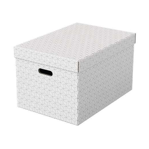Esselte Pack de 3 Cajas Grandes de Almacenamiento con Tapa 355x305x510mm - Carton 100% Reciclado y Reciclable - Asas Integradas - Diseño Blanco con Dibujo