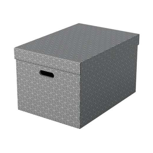 Esselte Pack de 3 Cajas Grandes de Almacenamiento con Tapa 355x305x510mm - Carton 100% Reciclado y Reciclable - Asas Integradas - Diseño Gris con Dibujo