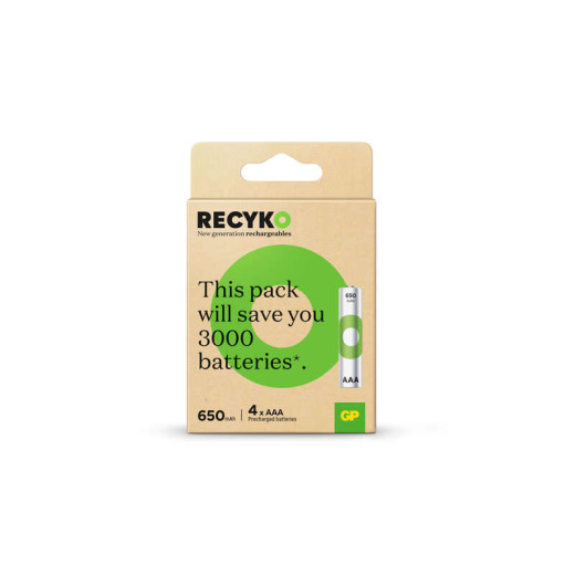 GP ReCyko Pack de 4 Pilas Recargables 650mAh AAA 1.2V - Precargadas - Fabricadas con mas del 10% de Materiales Reciclados