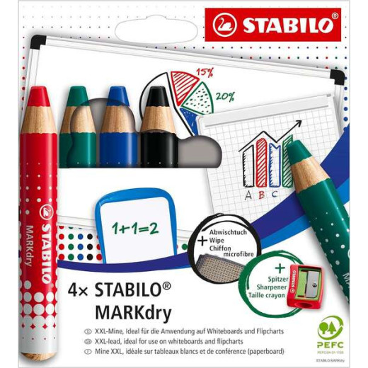 Stabilo MARKdry Pack de 4 Marcadores para Pizarra + Sacapuntas + Paño de Limpieza - Mina XXL de 10mm - Madera 100% Certificada PRFC - Colores Azul