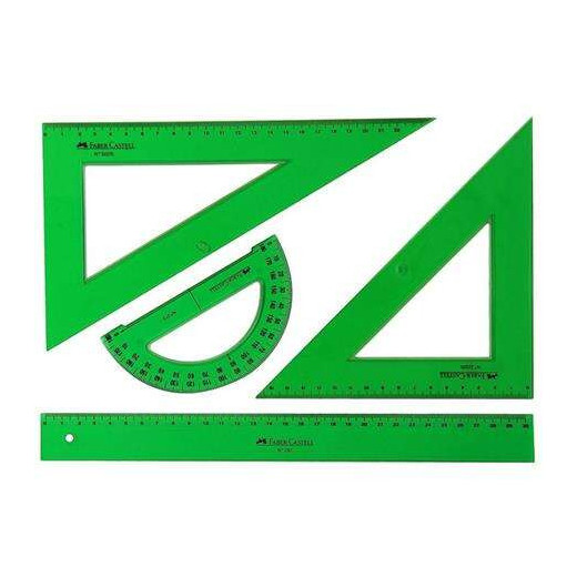 Faber-Castell Pack Escolar de 4 Reglas - Regla Recta - Transportador - Escuadra - Cartabon - Color Verde Tranparente