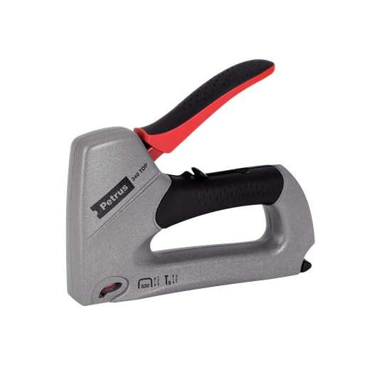 Petrus 340 Top Clavadora/Grapadora Metalica - Para Grapas 530/6 a 14mm y Pins Tipo 8 de 15mm - Ajuste de Potencia - Color Gris/Negro