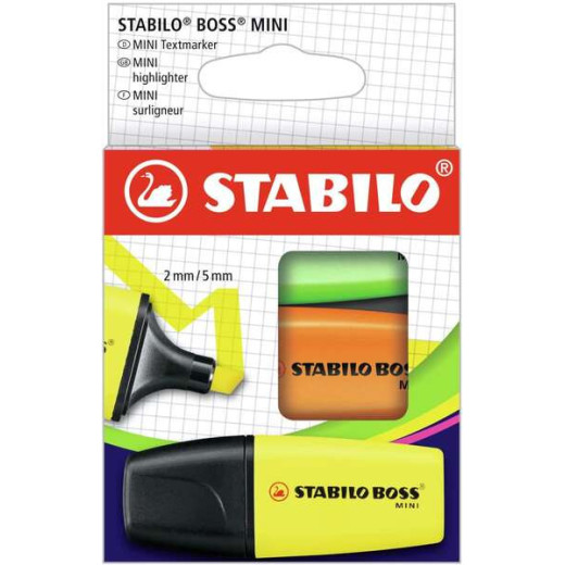 Stabilo Boss Mini Pack de 3 Marcadores Mini Fluorescentes - Trazo entre 2 y 5mm - Tinta con Base de Agua - Antisecado - Colores Surtidos