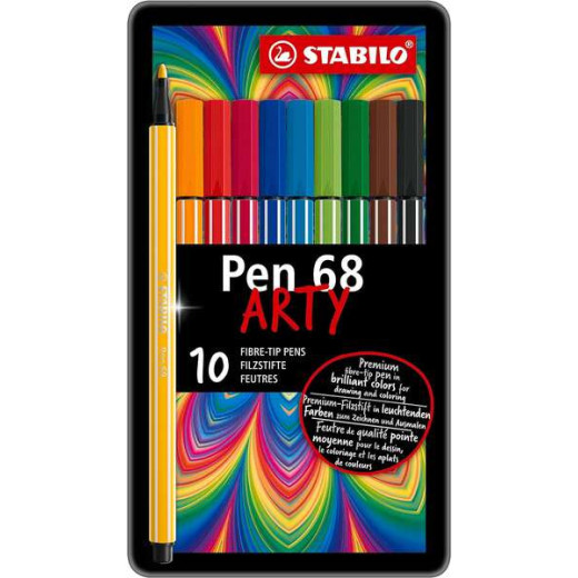 Stabilo Pen 68 Arty Caja Metalica de 10 Rotuladores - Punta de Fibra - Trazo de 1mm aprox. - Tinta a Base de Agua - Capuchon Ventilado - Colores Surtidos
