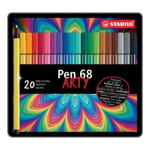 Stabilo Pen 68 Arty Caja Metalica de 20 Rotuladores - Punta de Fibra - Trazo de 1mm aprox. - Tinta a Base de Agua - Capuchon Ventilado - Colores Surtidos