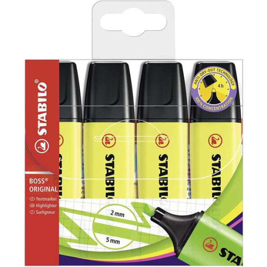 Stabilo Boss 70 Pack de 4 Marcadores Fluorescentes - Trazo entre 2 y 5mm - Recargable - Tinta con Base de Agua - Color Amarillo Fluorescente
