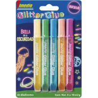 Imedio Glitter Glue "Brilla en la Oscuridad" Pack de 5 Tubos de Pegamento con Brillantina 10ml - Brilla en la Oscuridad - Para Distintos Materiales - Tubo Extrablando - Boquilla de Precision - Sin Disolventes - Colores Surtidos