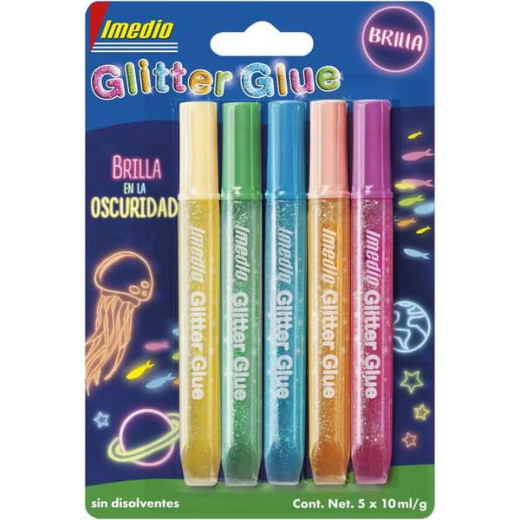 Imedio Glitter Glue "Brilla en la Oscuridad" Pack de 5 Tubos de Pegamento con Brillantina 10ml - Brilla en la Oscuridad - Para Distintos Materiales - Tubo Extrablando - Boquilla de Precision - Sin Disolventes - Colores Surtidos