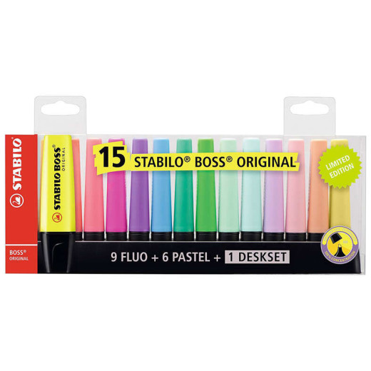 Stabilo Boss 70 Pack de Escritorio de 15 Marcadores Fluorescente - Practica Base para Escritorio - Trazo entre 2 y 5mm - Recargable - Tinta con Base de Agua - Colores 9 Fluo + 6 Pastel