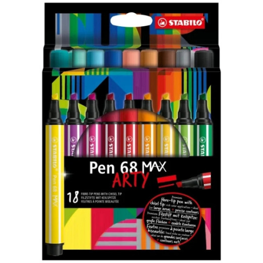 Stabilo Pen 68 MAX Arty Pack de 18 Rotuladores - Punta de Fibra Biselada - Trazo entre 1-5mm aprox. - Tinta a Base de Agua - Colores Surtidos