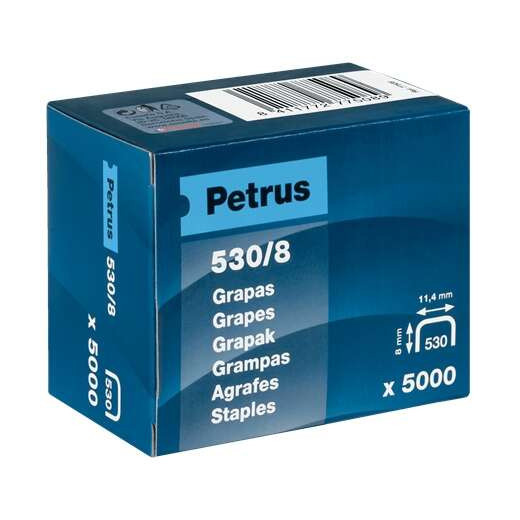 Petrus Caja de 5000 Grapas 530/8 Cobreadas para Clavadora - Patilla de 8mm