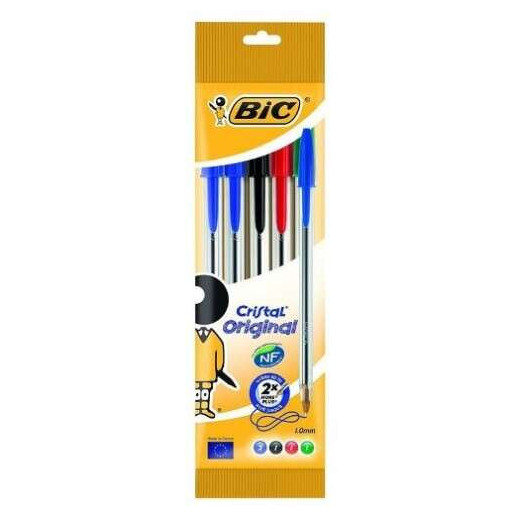Bic Cristal Original Pack de 5 Boligrafos de Bola - Punta Redonda de 1.0mm - Trazo 0.4mm - Tinta con Base de Aceite - Colores Surtidos