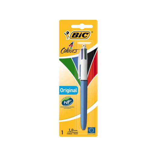 Bic 4 Colours Original Boligrafo de Bola Retractil - Punta Media de 1.0mm - Tinta con Base de Aceite - Cuerpo Azul/Blanco - 4 Colores