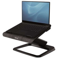 Fellowes Hana Soporte para Portatil - Sistema de Muelle a Gas - Inclinacion Maxima 95º - 4 Puertos USB - Base de Aluminio y Plataforma de Madera - Hasta 29 Pulgadas - Color Negro