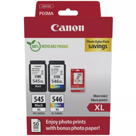 Canon PG545XL Negro + CL546XL Color Pack de 2 Cartuchos de Tinta Originales + 50 Hojas de Papel Fotografico - 8286B011/8286B006