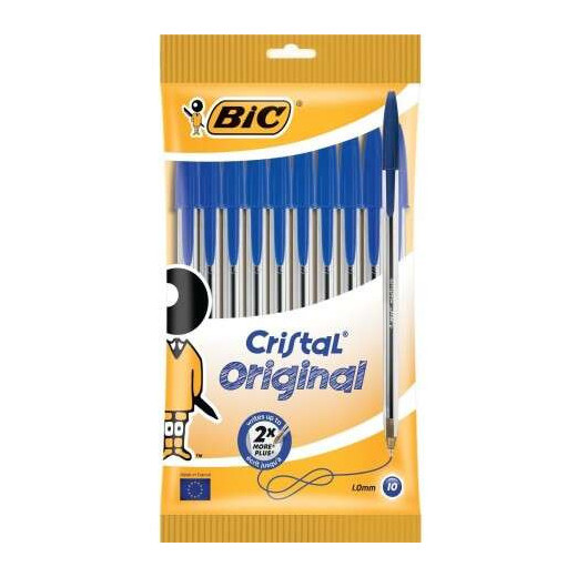 Bic Cristal Original Pack de 10 Boligrafos de Bola - Punta Redonda de 1.0mm - Trazo 0.4mm - Tinta con Base de Aceite - Color Azul