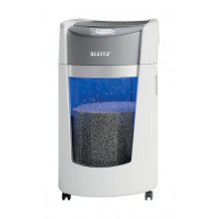 Leitz IQ OptiMax Office Destructora de Papel Manual DIN P5 - Destruye hasta 10 Hojas - Tiempo de Funcionamiento Continuo 120m - Papelera de 35L con Tecnologia de Giro - Color Blanco/Gris