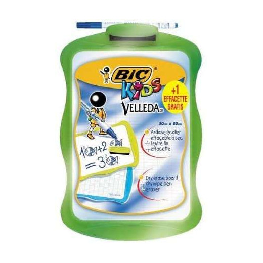 Bic Velleda Kids Pizarra Escolar Blanca y Milimetrada + 1 Marcador Velleda Azul + 1 Borrador - Dimensiones: 20x30cm - Colores Aleatorios