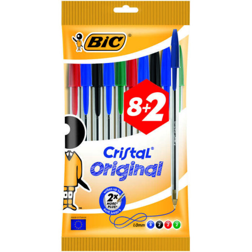 Bic Cristal Original Pack de 10 Boligrafos de Bola - Punta Redonda de 1.0mm - Trazo 0.4mm - Tinta con Base de Aceite - Colores Surtidos