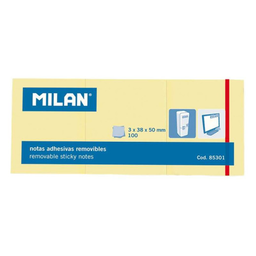Milan Pack de 3 Blocs de 100 Notas Adhesivas Removibles - Tamaño 38x50mm - Color Amarillo Claro