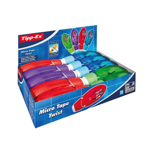 Tipp-Ex Micro Tape Twist Expositor con 10 Cintas Correctoras 5mm x 8m - Cabezal Rotativo - Escritura Instantanea - Colores Surtidos