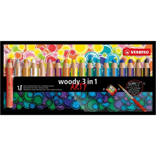 Stabilo Woody 3 en 1 Arty Pack de 18 Lapices de Colores + Sacapuntas + Pincel - Lapiz de Color