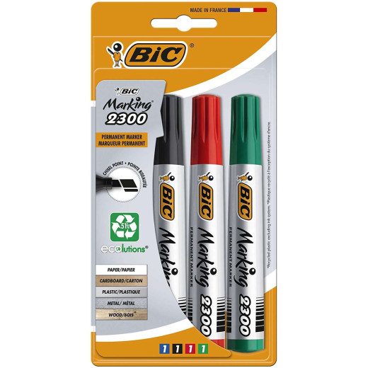 Bic Marking 2300 Ecolutions Pack de 4 Rotuladores Permanentes - Punta Biselada - Tinta con Base de Alcohol - Ecologico - Colores Surtidos