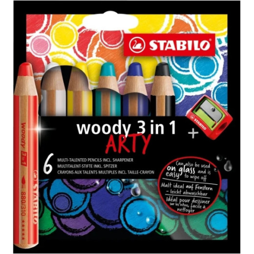 Stabilo Woody 3 en 1 Arty Pack de 6 Lapices de Colores + Sacapuntas - Lapiz de Color