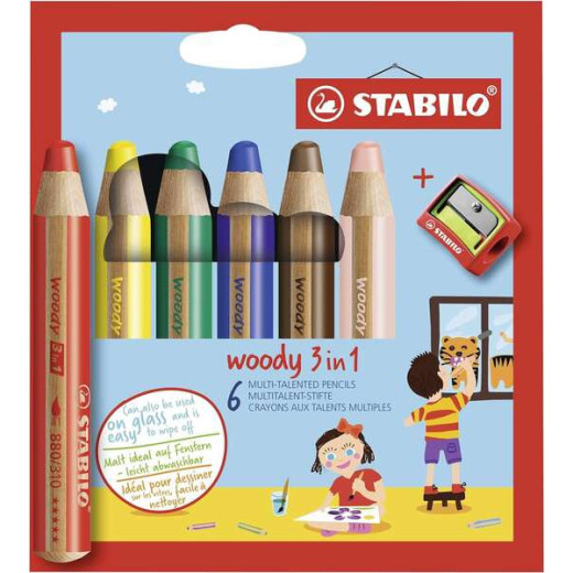 Stabilo Woody 3 en 1 Pack de 6 Lapices de Colores + Sacapuntas - Lapiz de Color