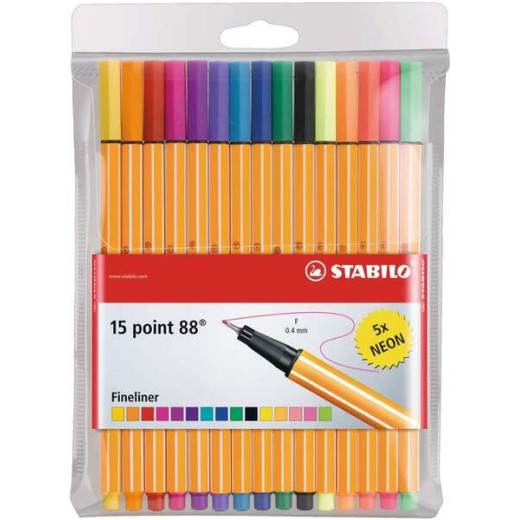 Stabilo Point 88 Pack de 15 Rotuladores de Punta Fina de Fibra - Trazo de 0.4 mm - Tinta con Base de Agua - 10 Colores Surtidos + 5 Neon