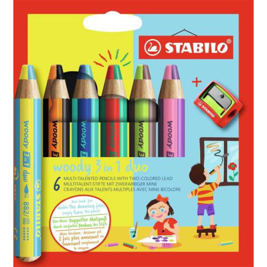 Stabilo Woody 3 en 1 Duo Pack de 6 Lapices de Colores + Sacapuntas - Mina 2 Colores XXL 10mm - Lapiz de Color