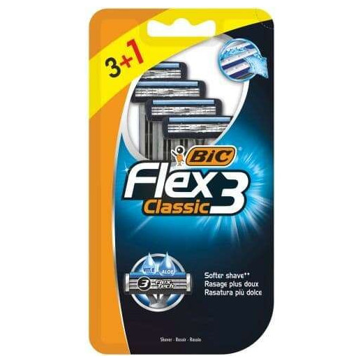 Bic Flex 3 Pack de 3+1 Maquinillas de Afeitar Desechables de 3 Hojas - Cabezal Pivotante - Tira Lubricante con Aloe Vera