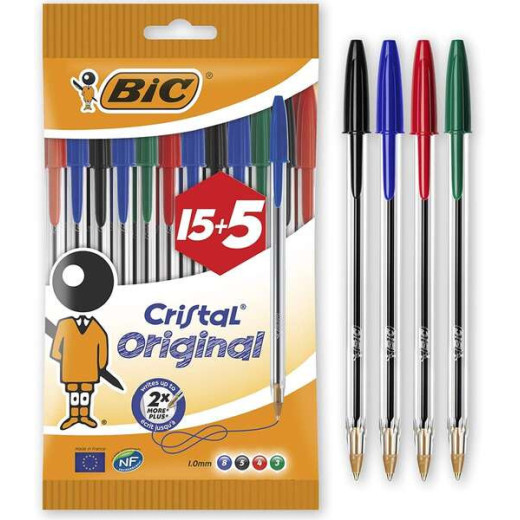 Bic Cristal Original 15+5 Pack de 20 Boligrafos de Bola - Punta Redonda de 1.0mm - Trazo 0.4mm - Tinta con Base de Aceite - Colores Surtidos