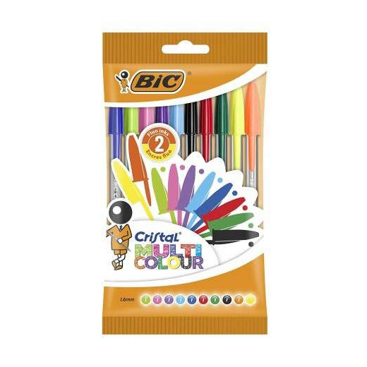 Bic Cristal Multicolour Pack de 10 Boligrafos de Bola - Punta Redonda de 1.6mm - Trazo 0.42mm - Tinta con Base de Aceite - Colores Surtidos