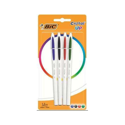 Bic Cristal Up Pack de 4 Boligrafos de Bola - Punta Redonda de 1.2mm - Trazo 0.6mm - Tinta con Base de Aceite - Cuerpo Blanco - Colores Surtidos