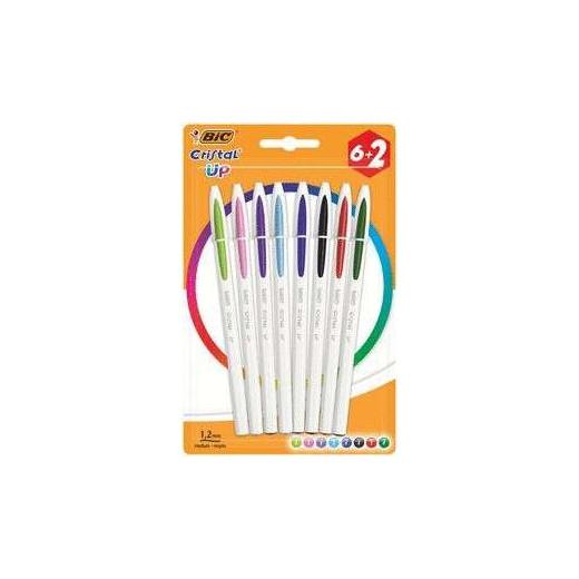 Bic Cristal Up Pack de 8 Boligrafos de Bola - Punta Redonda de 1.2mm - Trazo 0.6mm - Tinta con Base de Aceite - Cuerpo Blanco - Colores Surtidos