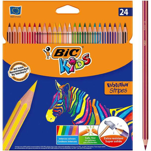 Bic Kids Evolution Stripes Caja de 24 Lapices de Colores surtidos - Fabricados en Resina - Punta Ultraresistente - Mina Pigmentada de 3.20 mm