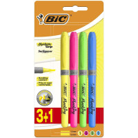 Bic Highlighter Grip Pack de 4 Marcadores Fluorescentes - Tinta con Base de Agua - Punta Biselada - Trazo entre 1.60 y 3.30mm - Colores Surtidos