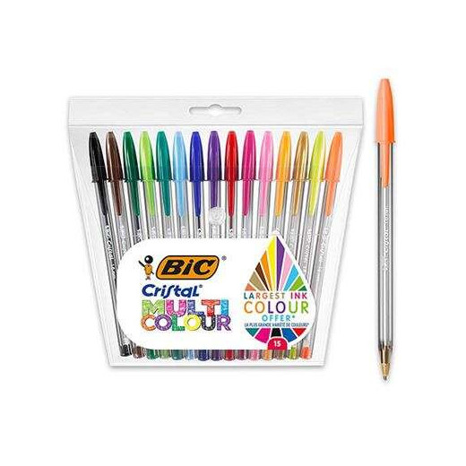Bic Cristal Multicolour Pack de 15 Boligrafos de Bola - Punta 1.6mm - Trazo 0.42mm - Tinta con Base de Aceite - Colores Surtidos