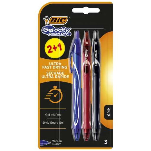 Bic Gel-Ocity Quick Dry 2+1 Pack de 3 Boligrafos Retractiles - Grip de Goma - Punta Media de 0.7mm - Secado Ultra Rapido - No Mancha el Papel - Colores Surtidos