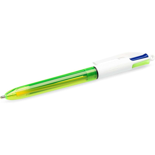 Bic 4 Colours Fluo Boligrafo de Bola Retractil - Punta Media de 1.0mm - Tinta con Base de Aceite - Tinta de Colores: Negro