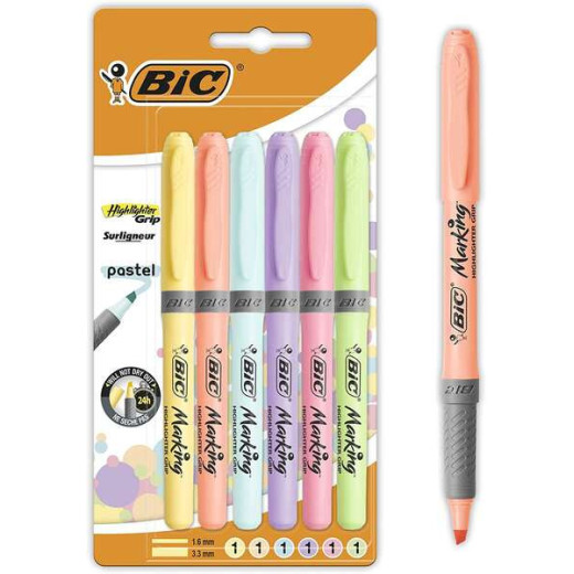 Bic Highlighter Grip Pack de 6 Marcadores Fluorescentes Pastel - Tinta con Base de Agua - Punta Biselada - Trazo entre 1.60 y 3.30mm - Colores Surtidos