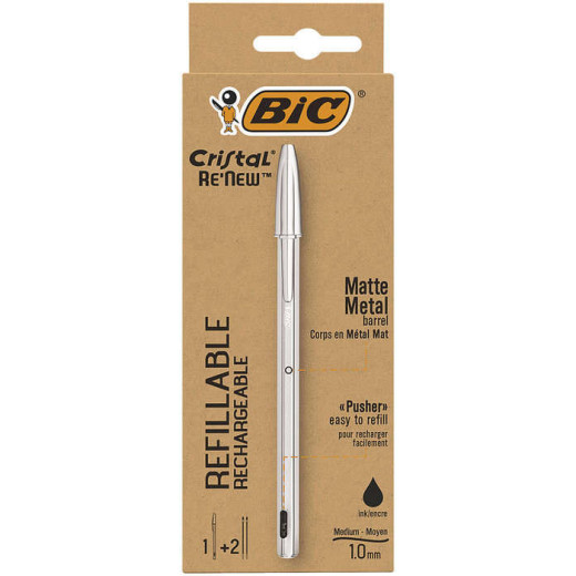 Bic Cristal Re´new Pack de Boligrafo Recargable de Bola + 2 Recambios - Punta Redonda de 1.0mm - Trazo 0.32mm - Tinta con Base de Aceite - Cuerpo Metalico - Color Negro