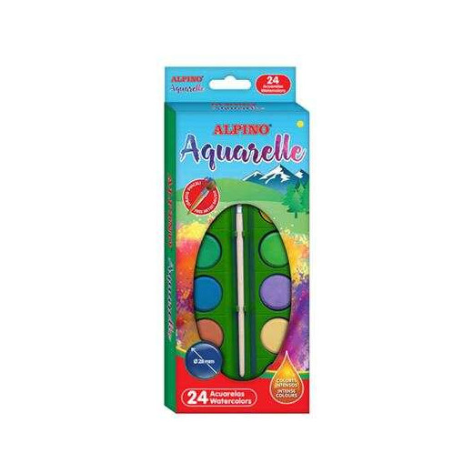 Alpino Pack de 24 Acuarelas - 28mm Diametro - Colores Intensos - Incluye Pincel - Colores Surtidos