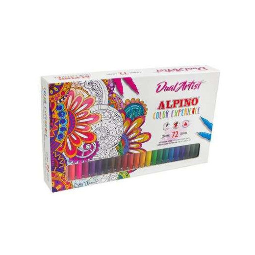 Alpino Dual Artist Color Experience Pack de 72 Rotuladores - Doble Punta para Dibujos mas Completos - Forma Triangular Ergonomica - Punta Fine Liner de 0.7mm y Punta Pincel de 2.9mm - Colores Surtidos