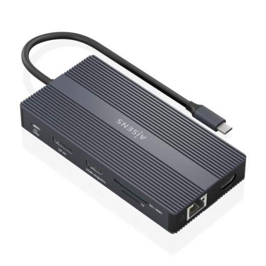 Aisens Conversor USB-C 12 en 1 - Carcasa de Aluminio - Ligero y Portatil - Conexion a 3 Pantallas - Power Delivery 100W - Ethernet RJ45 - Puertos USB-A y USB-C - Lectores de Tarjetas SD y Micro SD