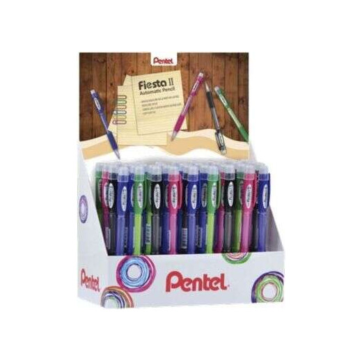 Pentel Fiesta II Expositor de 36 Portaminas HB 0.7mm con Goma - Incluye 2 Recargas - Grip de Goma - Diseño Ergonomico - Colores Surtidos
