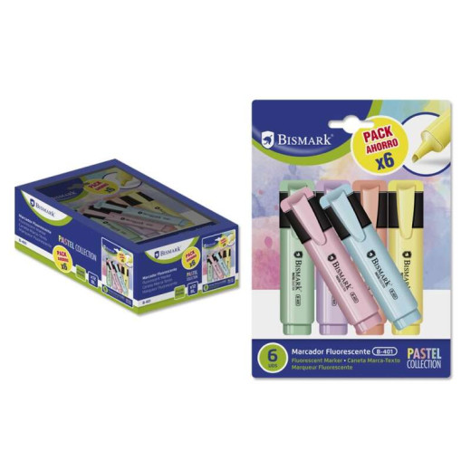 Bismark Pack de 6 Rotuladores Fluorescente Pastel - Tinta de Secado Rapido - Punta Biselada - Ideal para Subrayar y Resaltar - Diseño Ergonomico - Alta Durabilidad