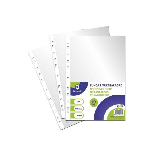 Bismark Pack de 10 Fundas Multitaladro Tamaño Folio 80 Micras - Acabado en Cristal - Ideal para Carpetas con Mecanismo de Anillas - Disponible en Varios Tamaños
